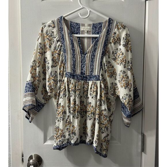 Lucky Brand Women's V-Neck 3/4 Sleeve Floral Bohemian Pleated Blouse Siz… - Picture 1 of 8